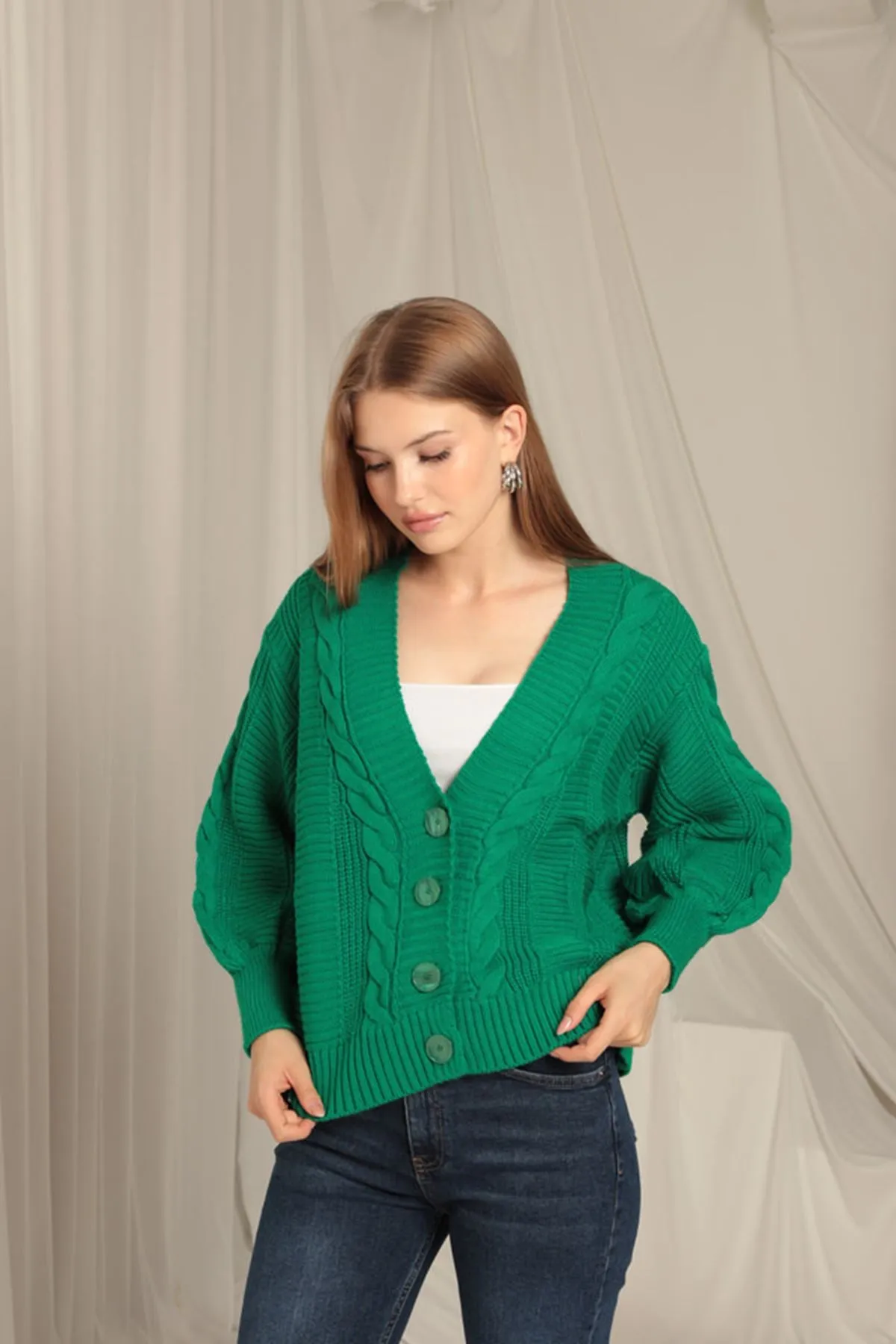 KKT Knitwear Fabric Knit Detailed Women's Green Cardigan - Brookhaven