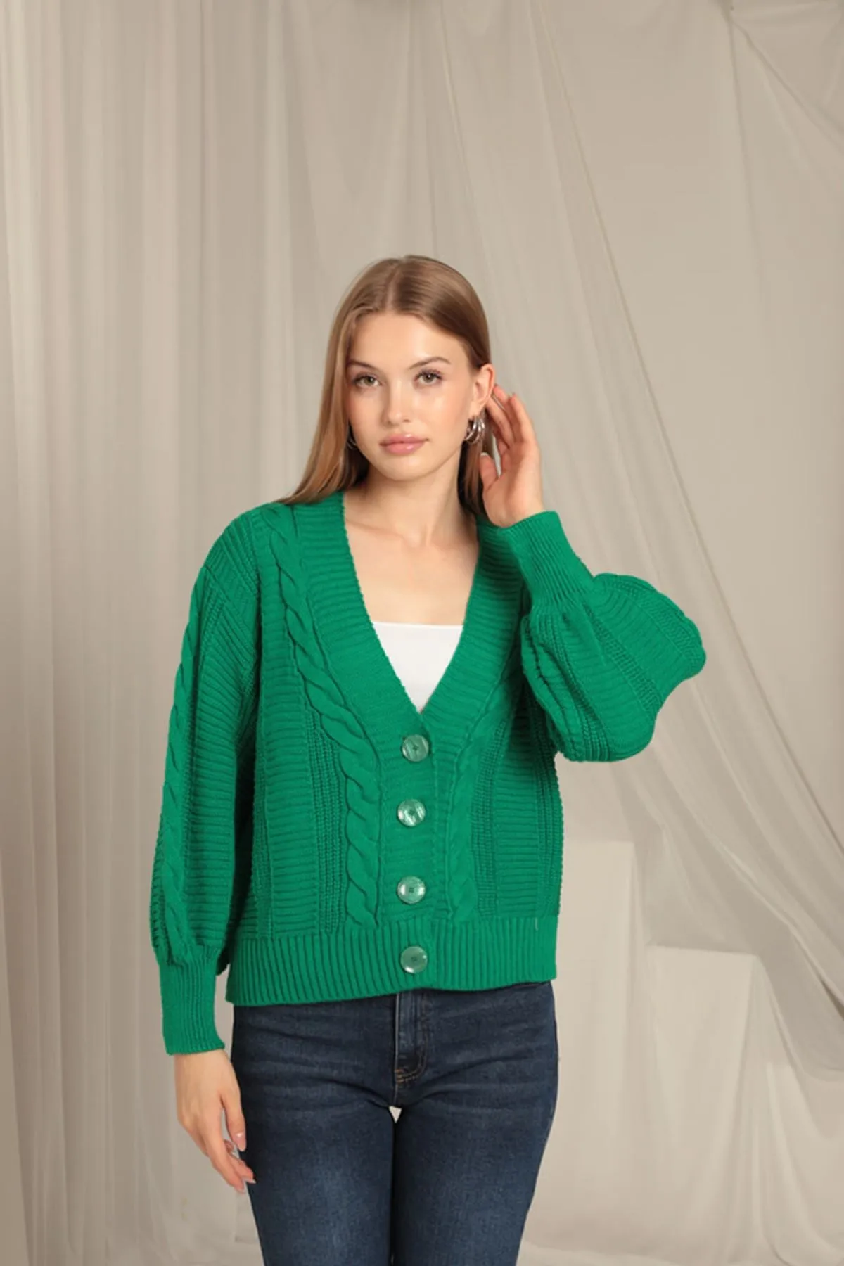 KKT Knitwear Fabric Knit Detailed Women's Green Cardigan - Brookhaven