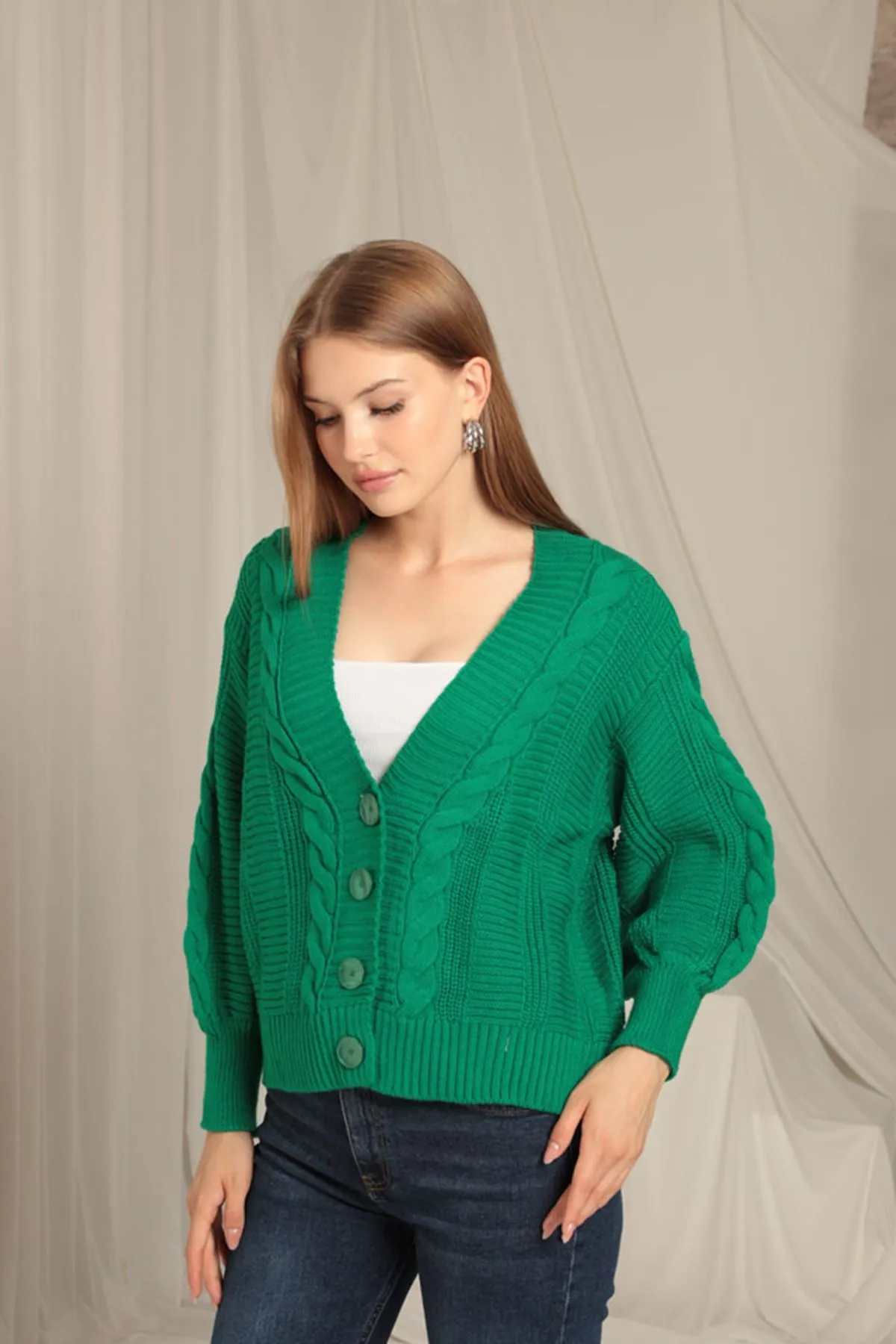 KKT Knitwear Fabric Knit Detailed Women's Green Cardigan - Brookhaven
