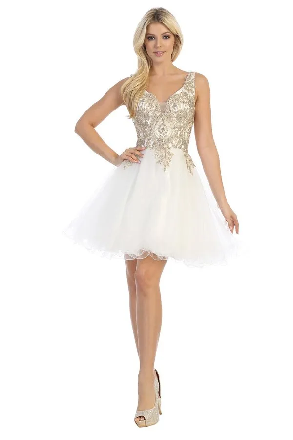 LF 6237 - A Line Homecoming Dress with Embroidered Bodice & Tulle Skirt