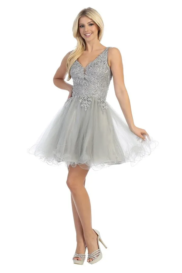 LF 6237 - A Line Homecoming Dress with Embroidered Bodice & Tulle Skirt