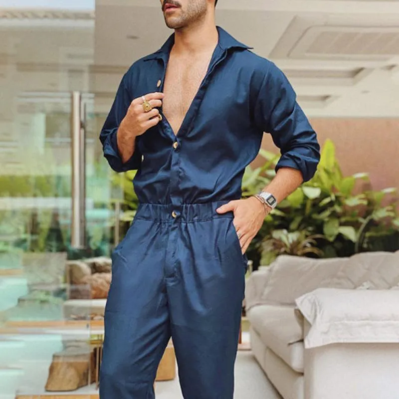 Men's Casual Long-Sleeve Lapel Solid Color Jumpsuit 06490071Y
