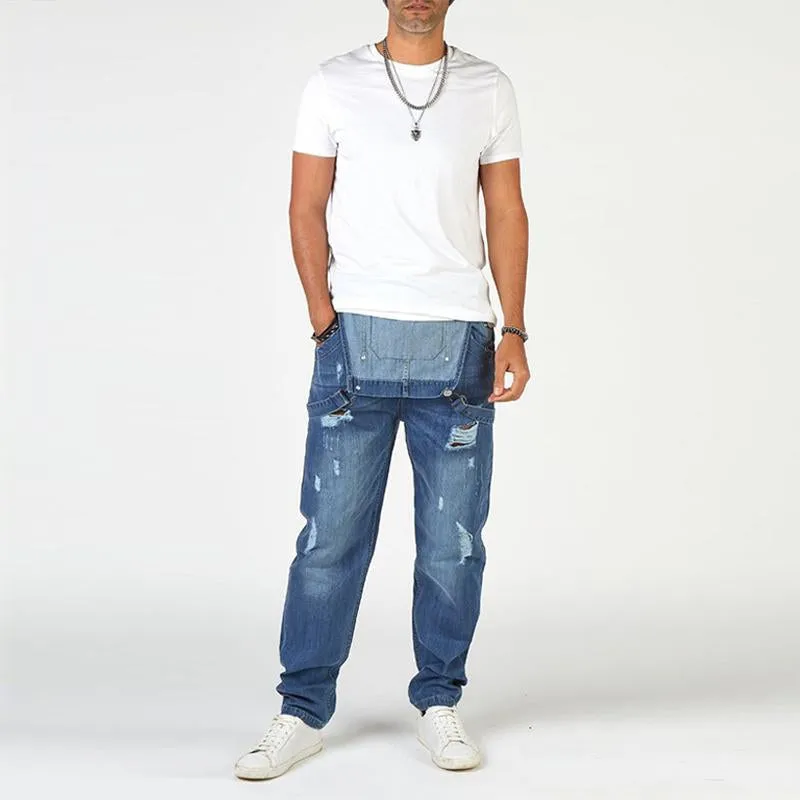 Men's Vintage Ripped High Waist Denim Overalls 61670124M
