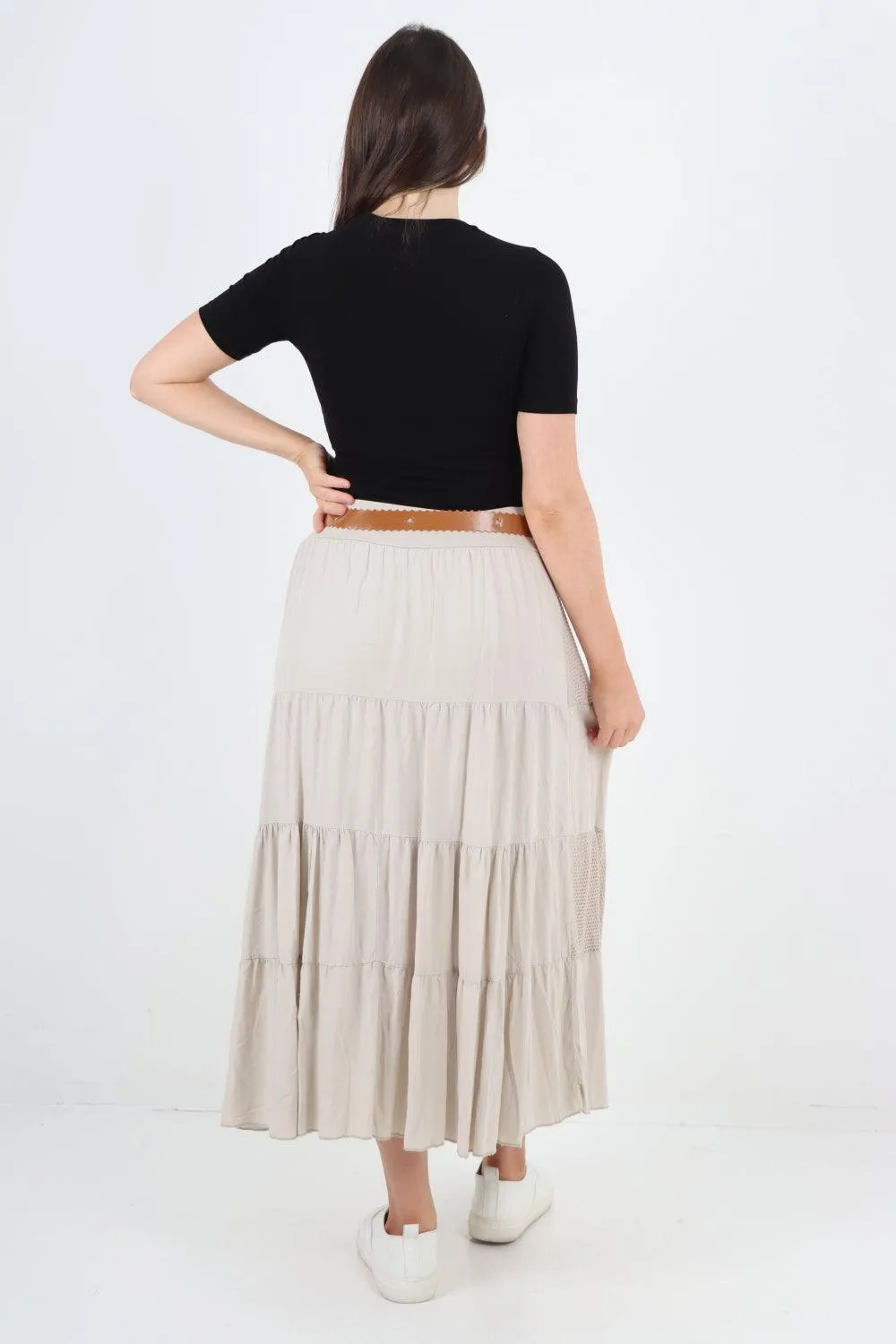 Midi Length Waist Belted Tiered Skirt