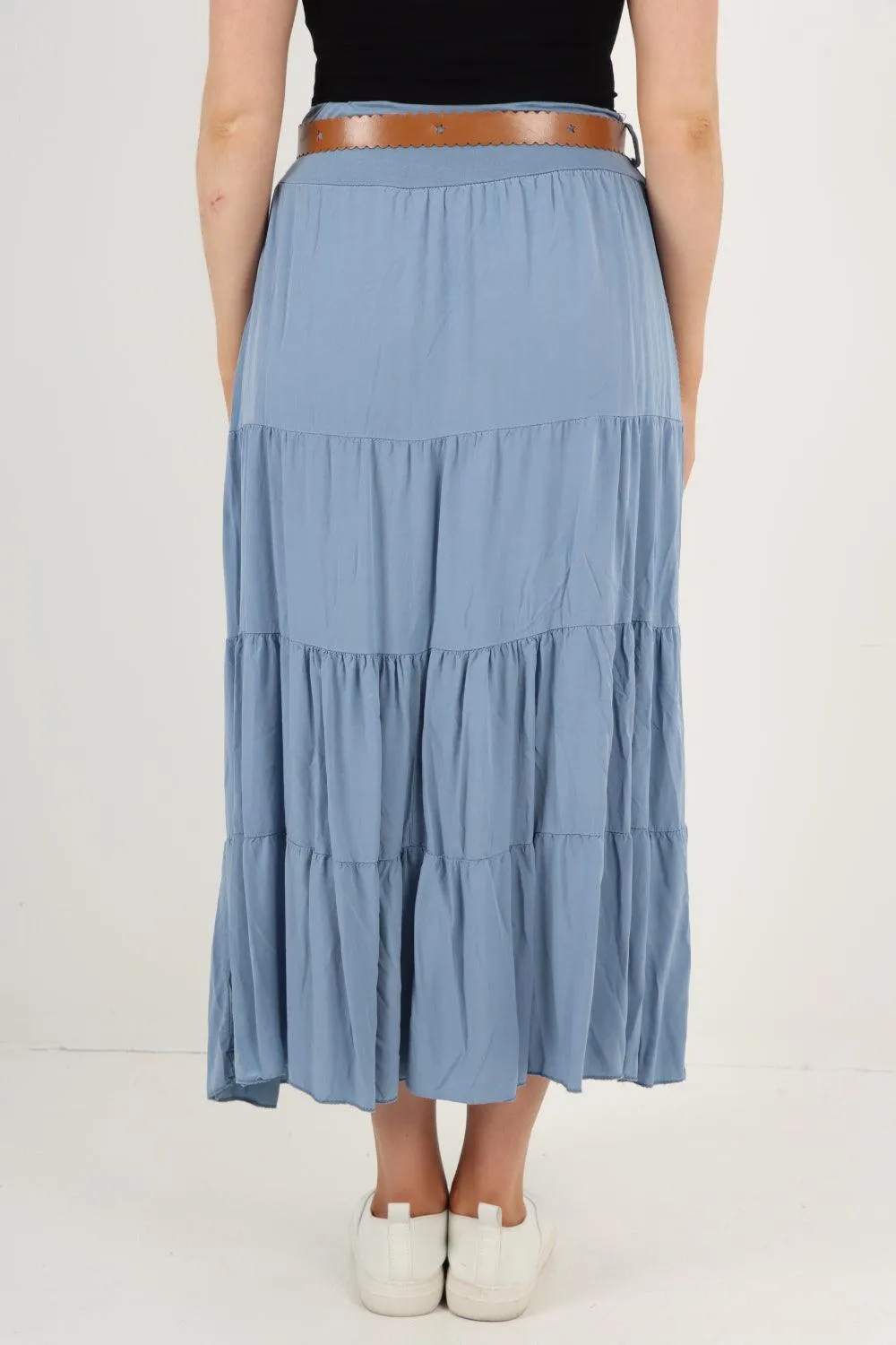 Midi Length Waist Belted Tiered Skirt
