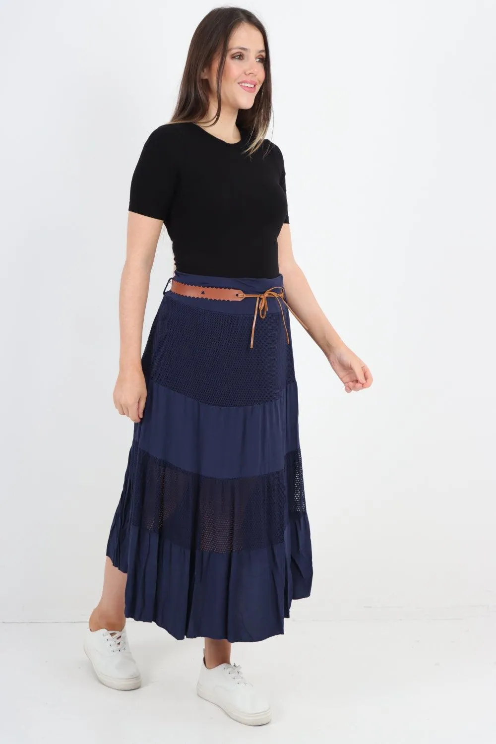Midi Length Waist Belted Tiered Skirt