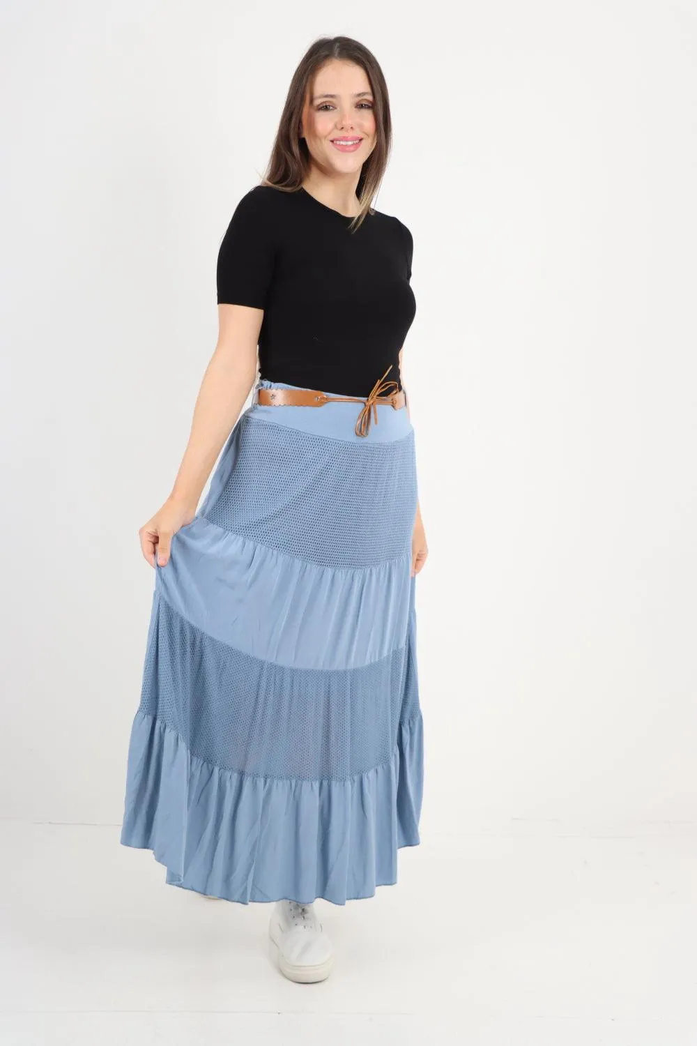 Midi Length Waist Belted Tiered Skirt