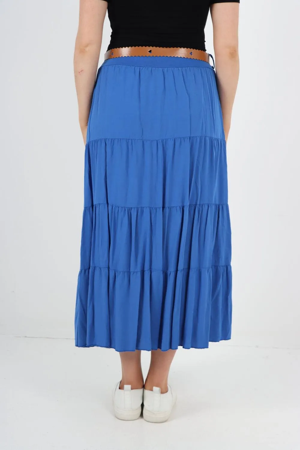Midi Length Waist Belted Tiered Skirt