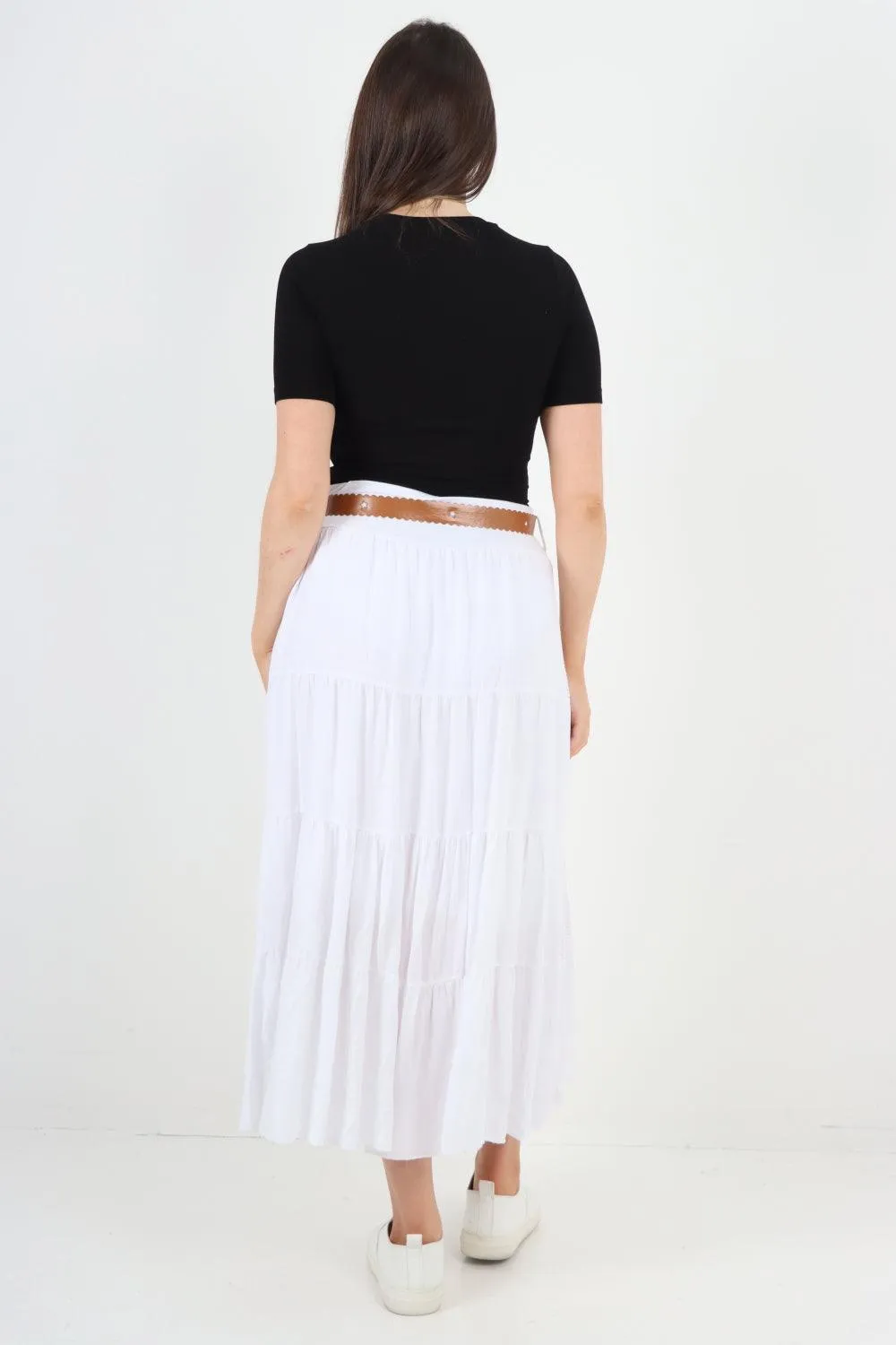 Midi Length Waist Belted Tiered Skirt