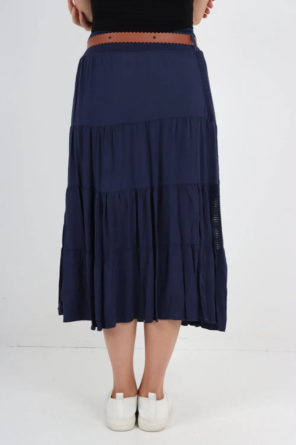 Midi Length Waist Belted Tiered Skirt
