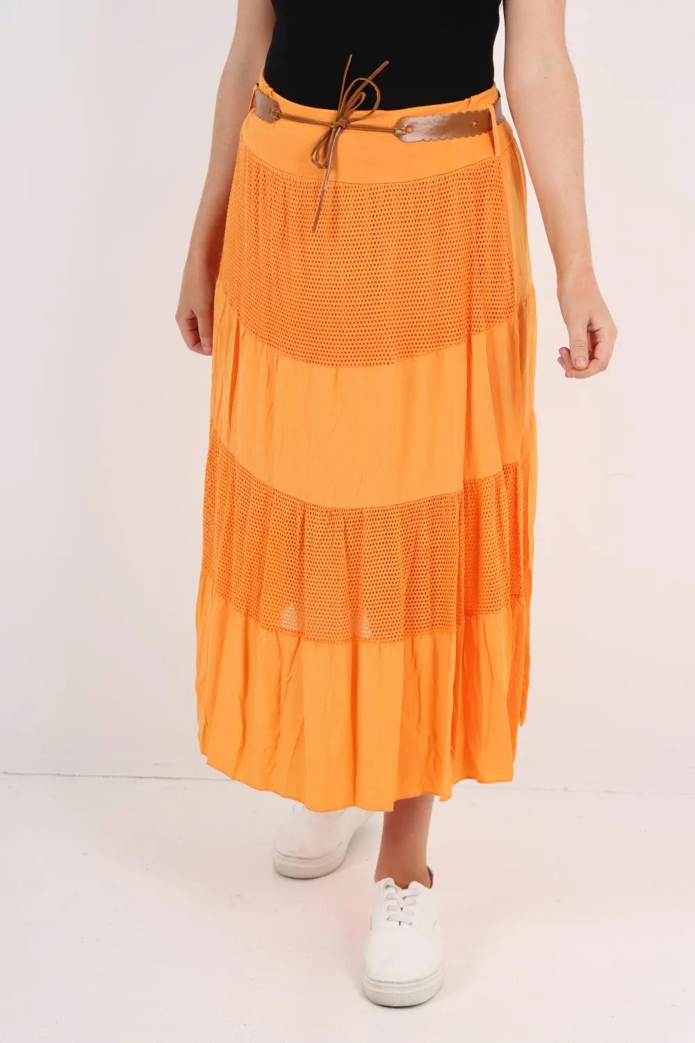 Midi Length Waist Belted Tiered Skirt