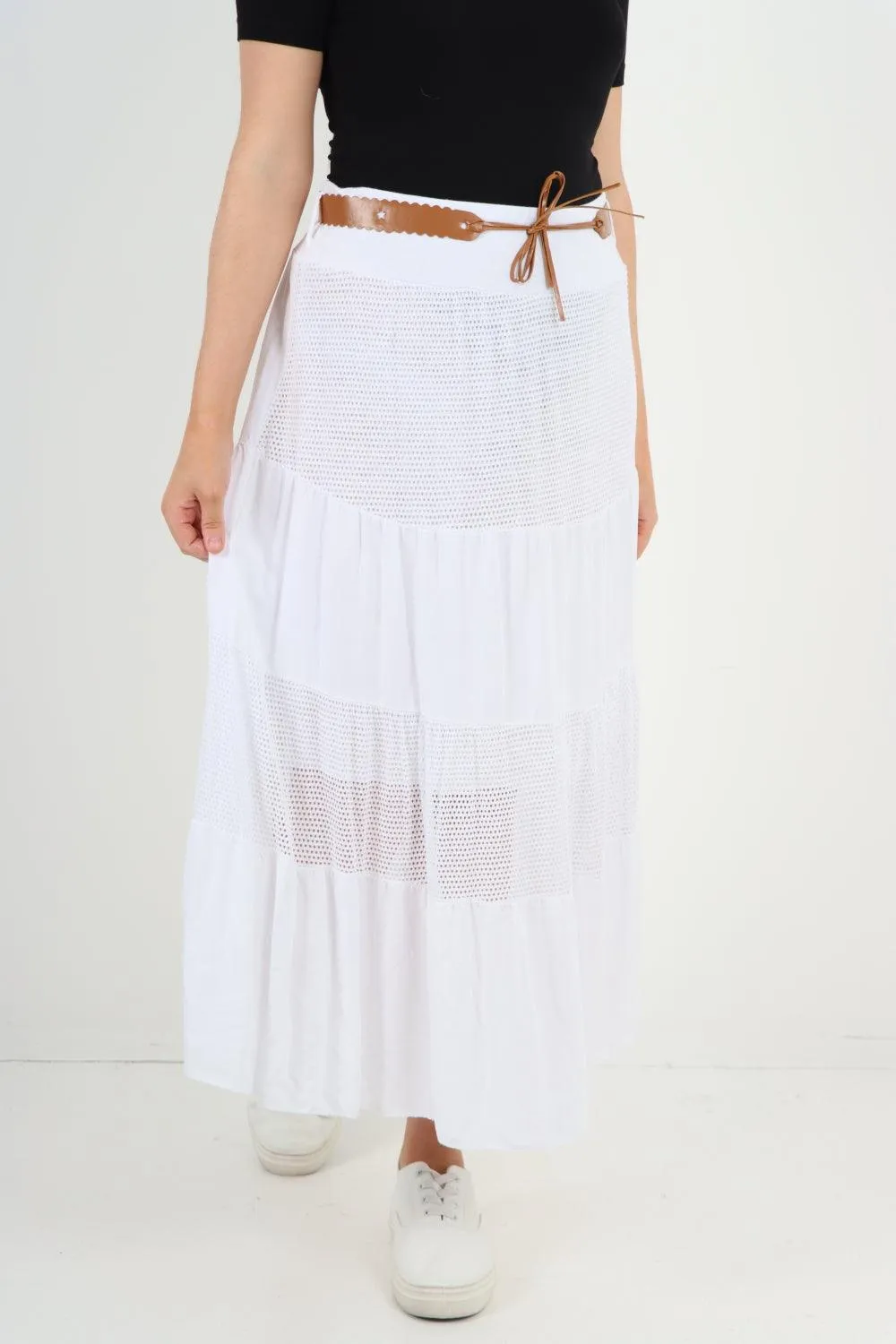 Midi Length Waist Belted Tiered Skirt