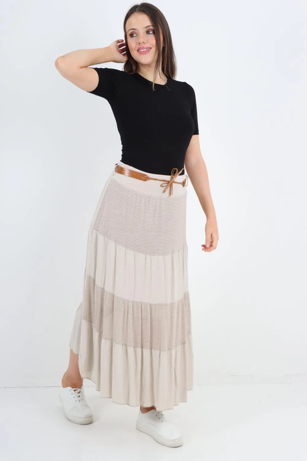 Midi Length Waist Belted Tiered Skirt