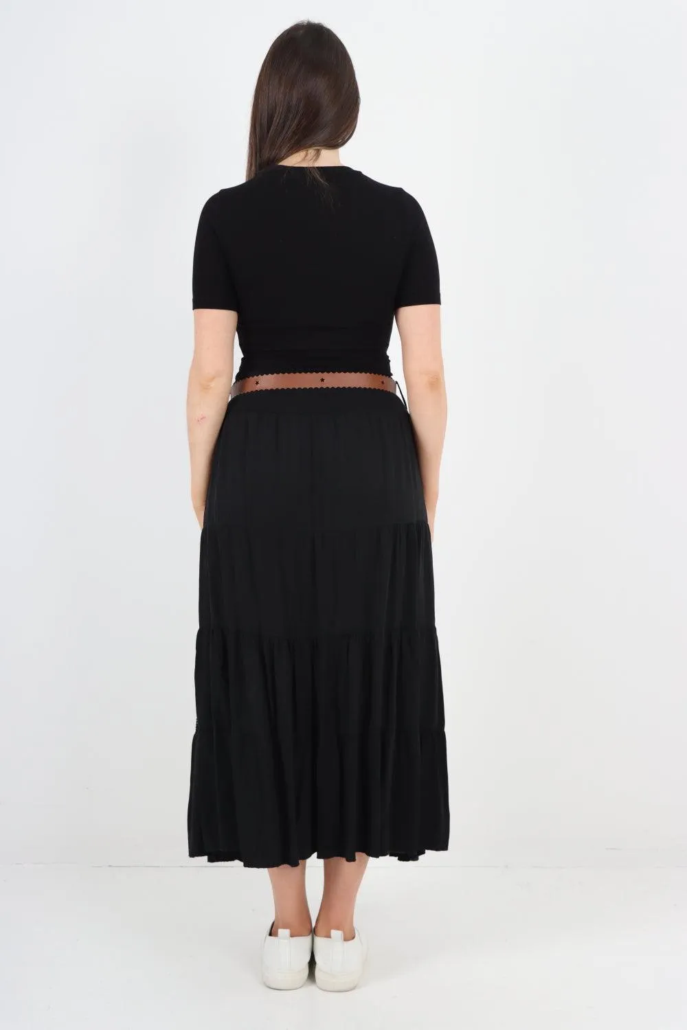 Midi Length Waist Belted Tiered Skirt
