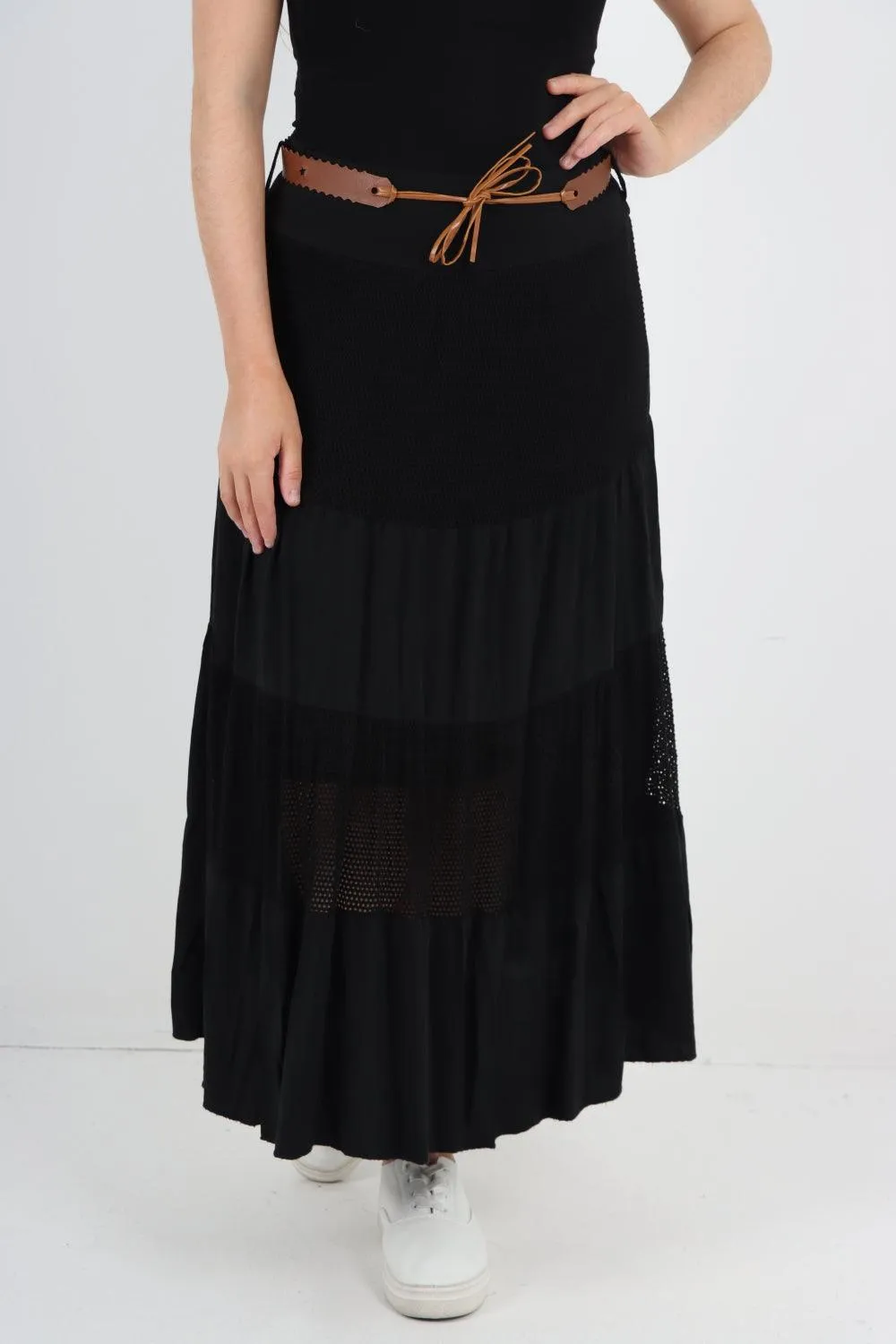 Midi Length Waist Belted Tiered Skirt