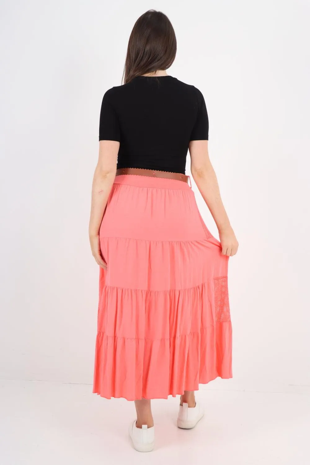 Midi Length Waist Belted Tiered Skirt