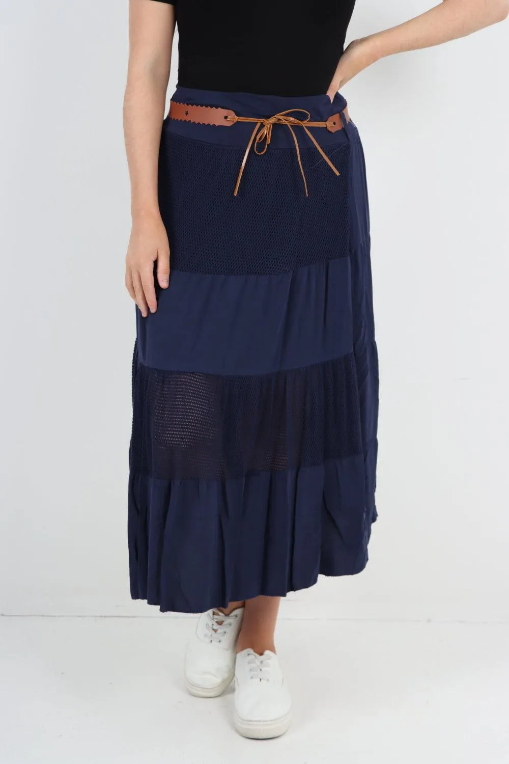 Midi Length Waist Belted Tiered Skirt