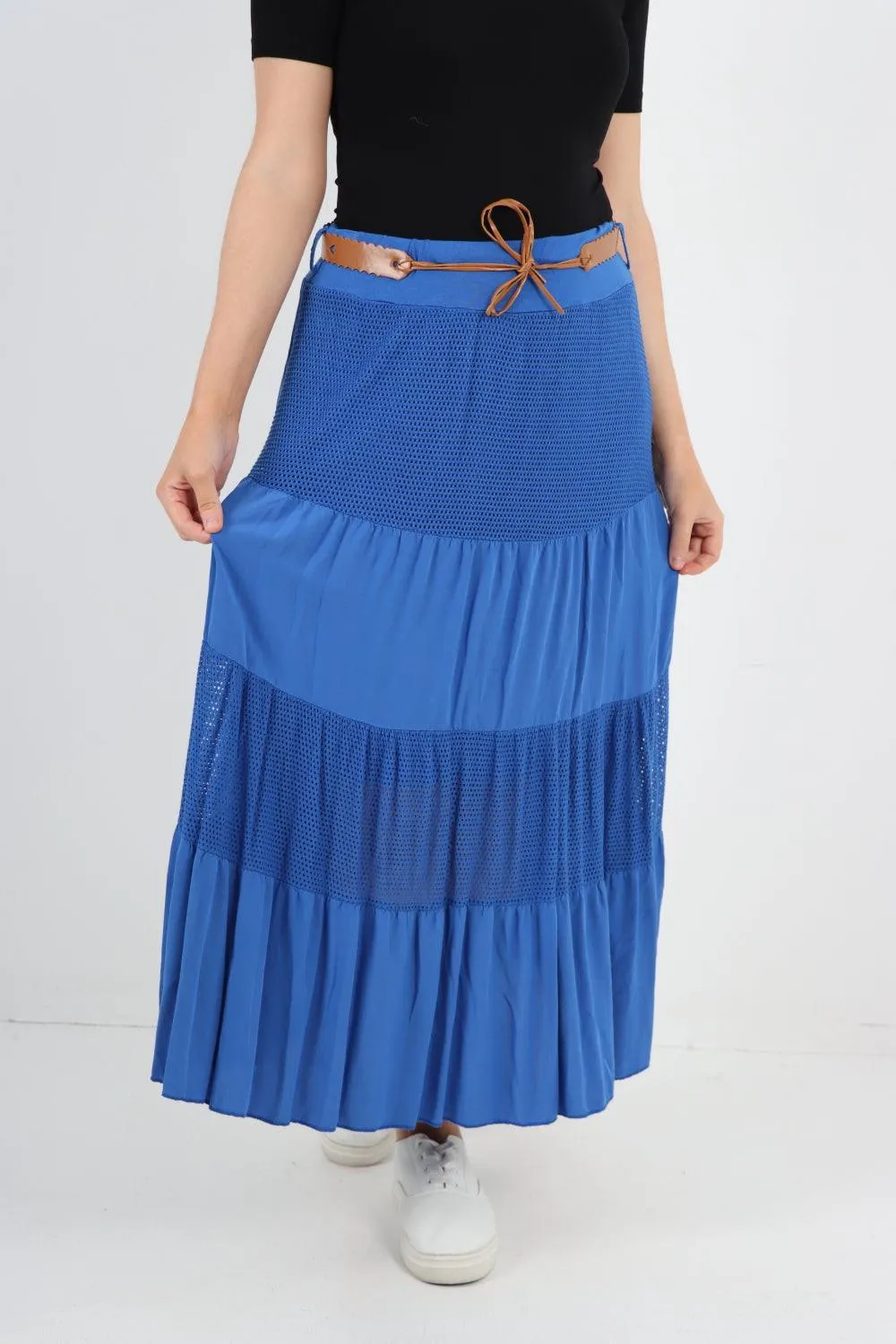 Midi Length Waist Belted Tiered Skirt