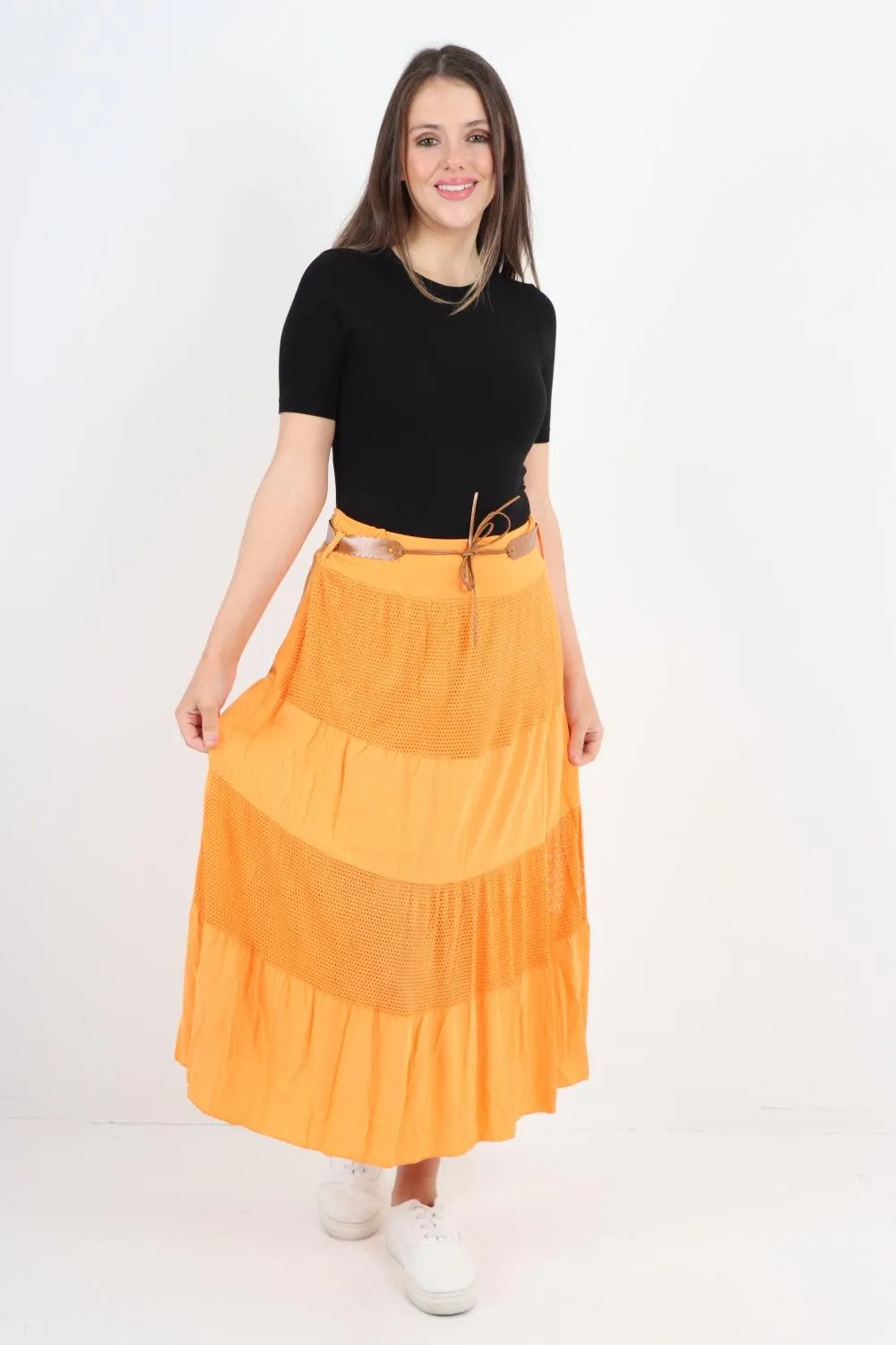 Midi Length Waist Belted Tiered Skirt
