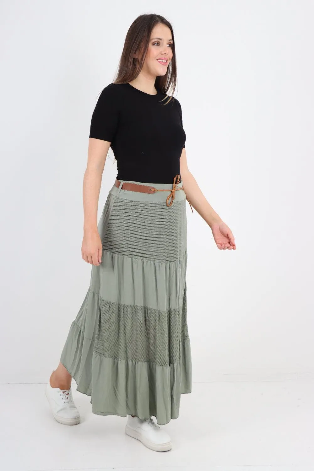 Midi Length Waist Belted Tiered Skirt