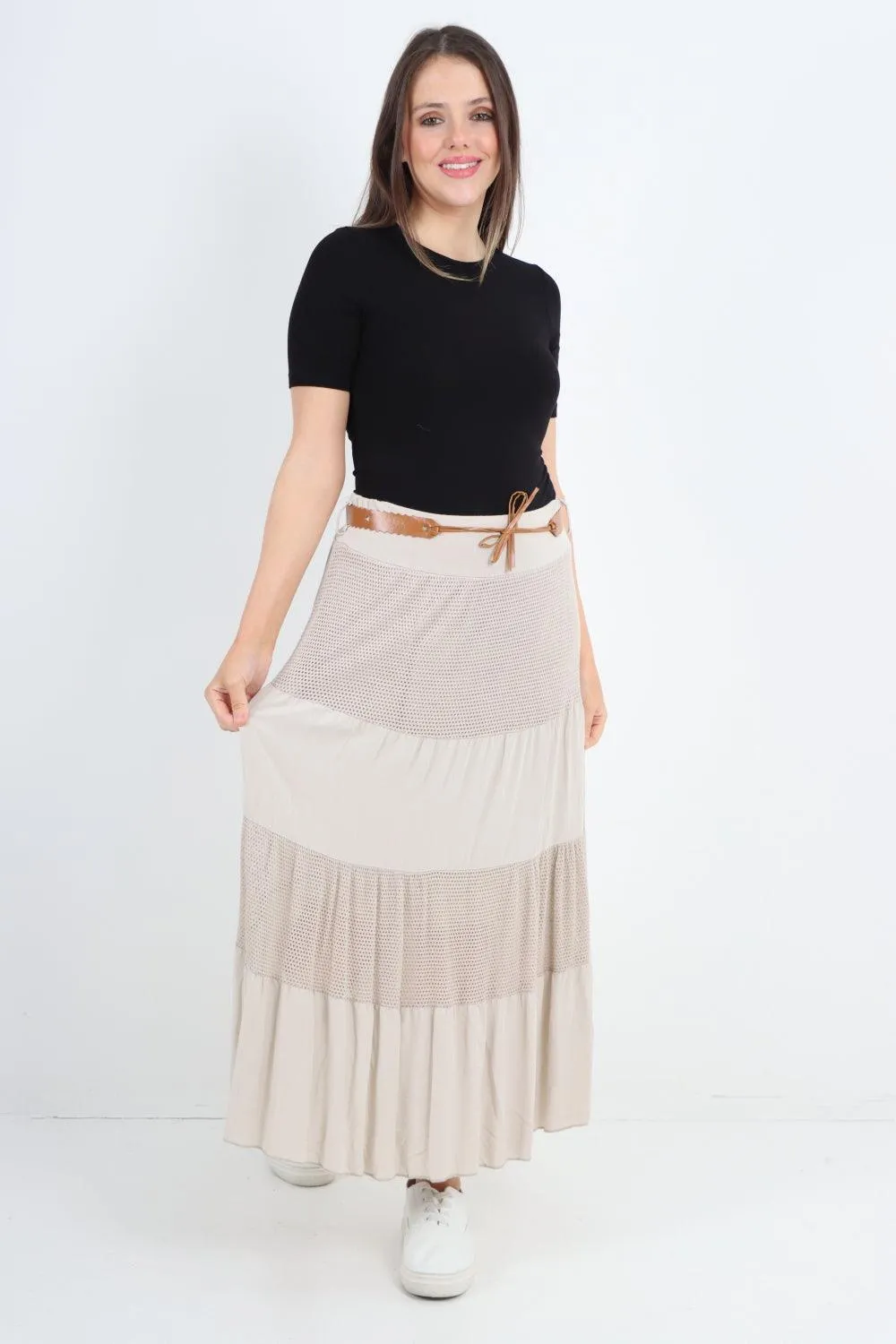Midi Length Waist Belted Tiered Skirt