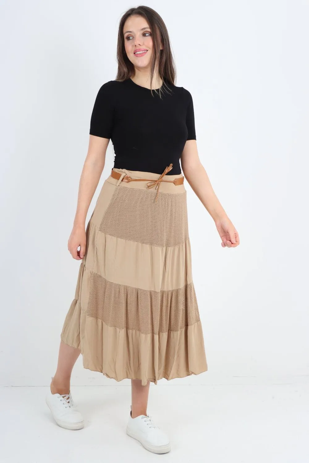 Midi Length Waist Belted Tiered Skirt