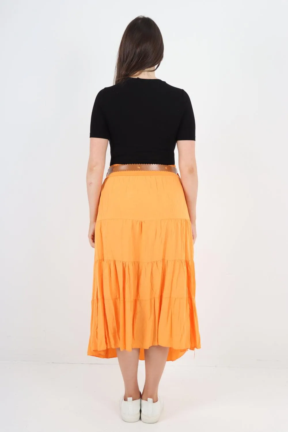 Midi Length Waist Belted Tiered Skirt