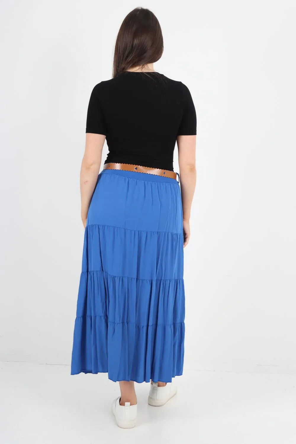 Midi Length Waist Belted Tiered Skirt