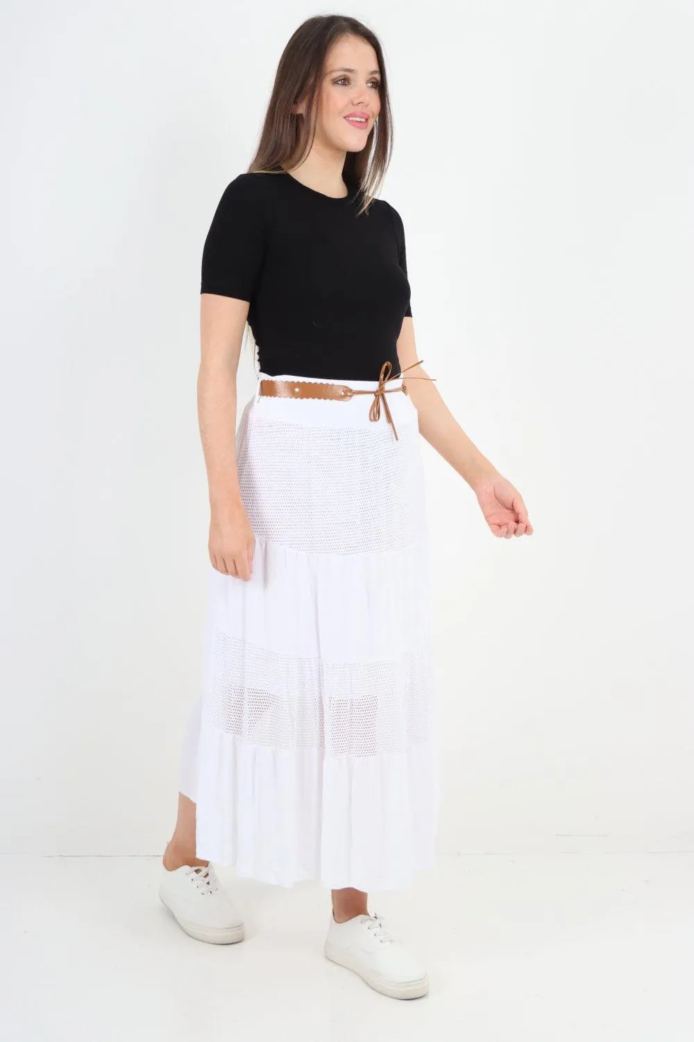Midi Length Waist Belted Tiered Skirt