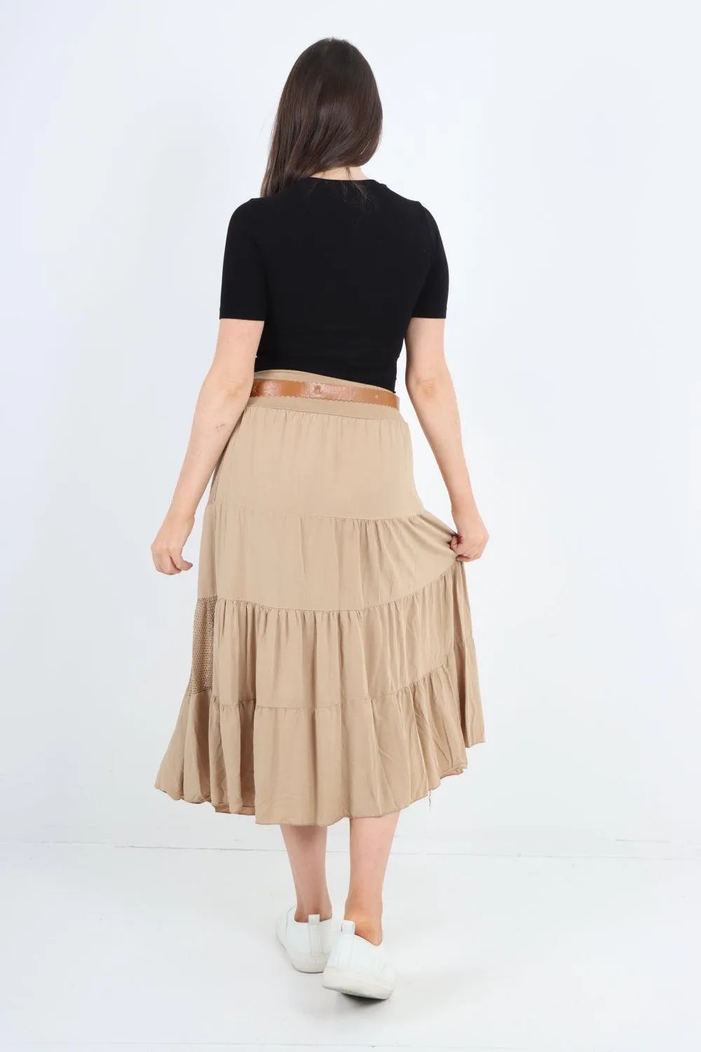 Midi Length Waist Belted Tiered Skirt
