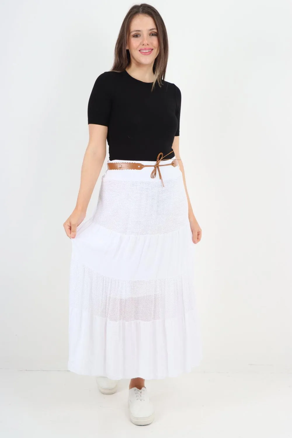 Midi Length Waist Belted Tiered Skirt