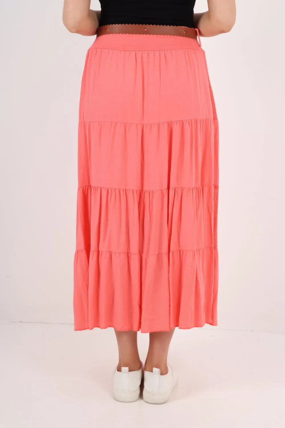 Midi Length Waist Belted Tiered Skirt
