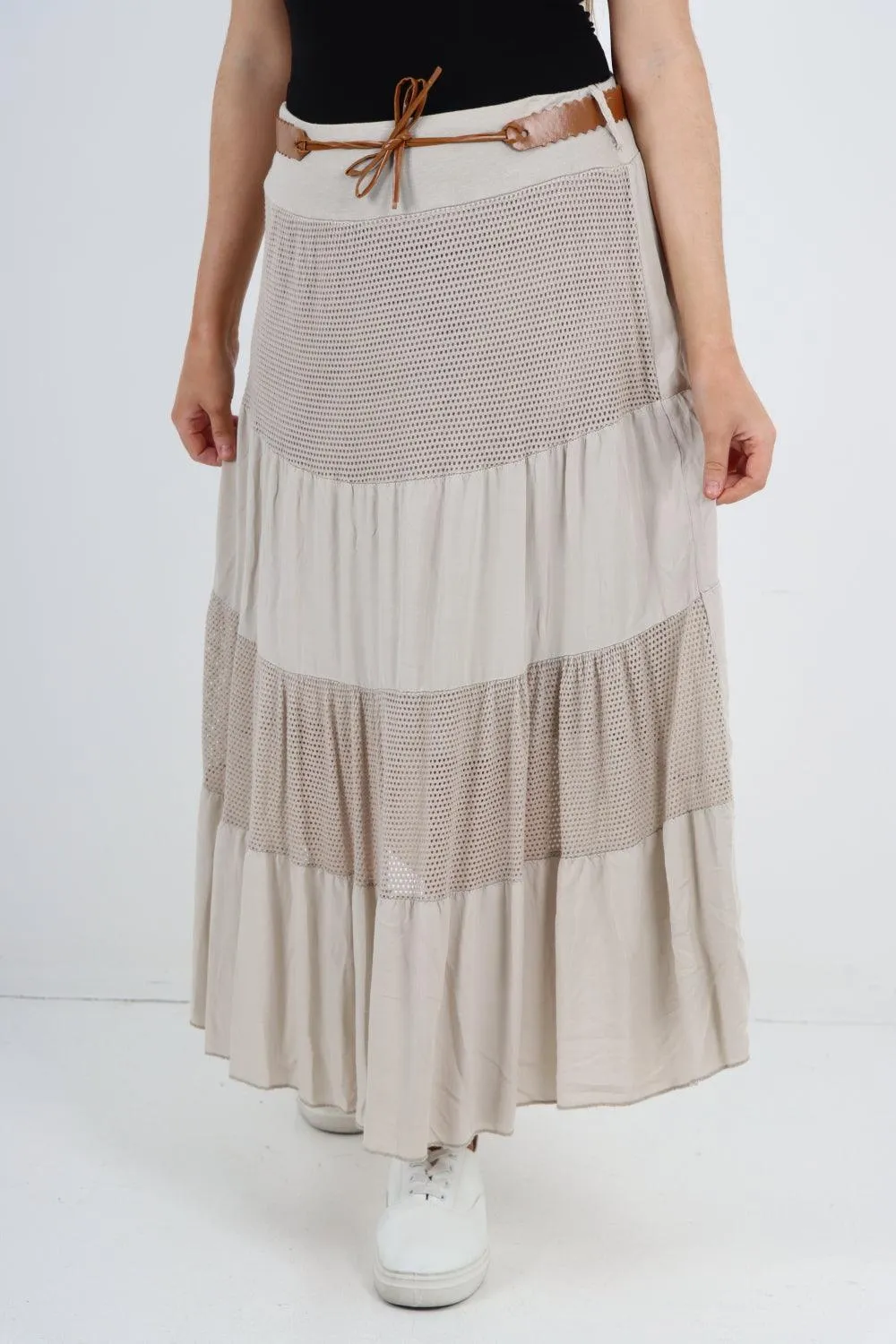 Midi Length Waist Belted Tiered Skirt