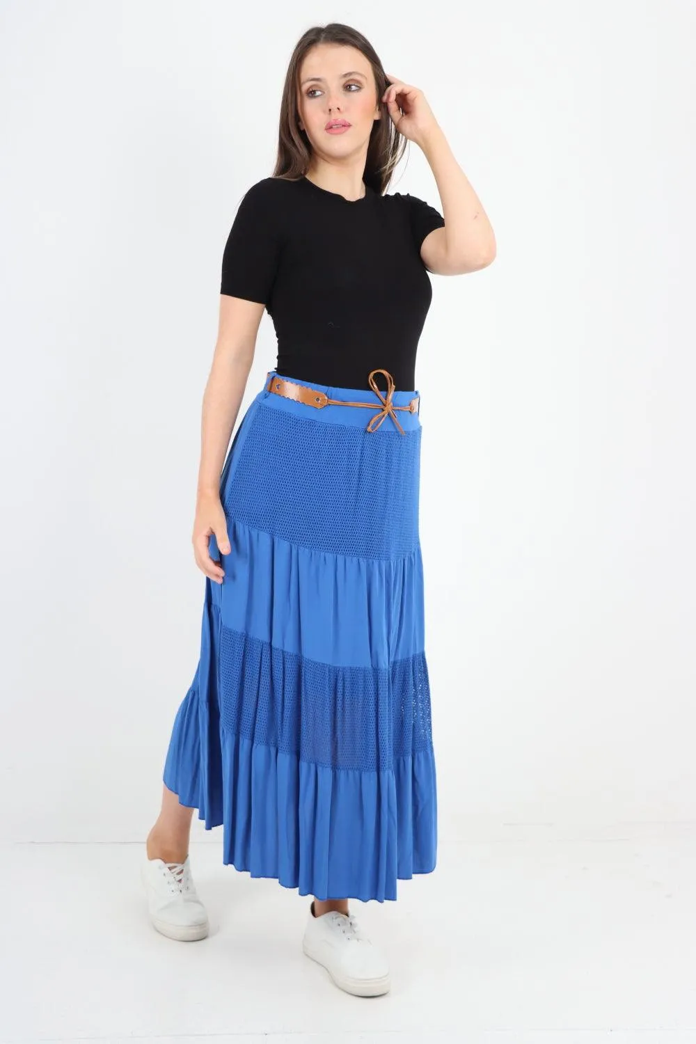 Midi Length Waist Belted Tiered Skirt