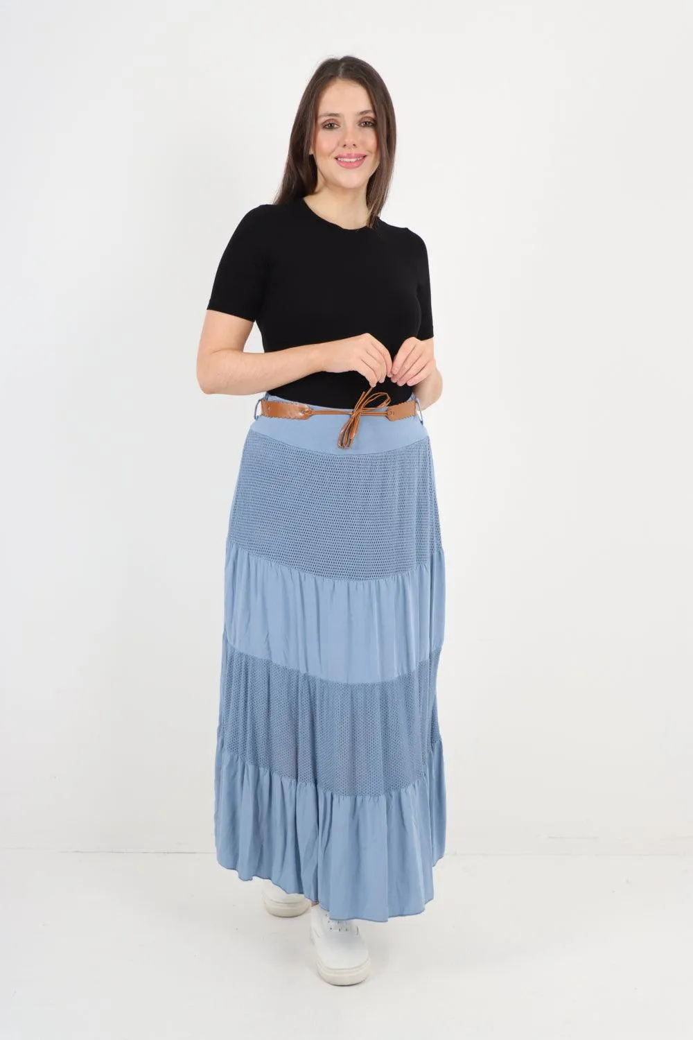 Midi Length Waist Belted Tiered Skirt