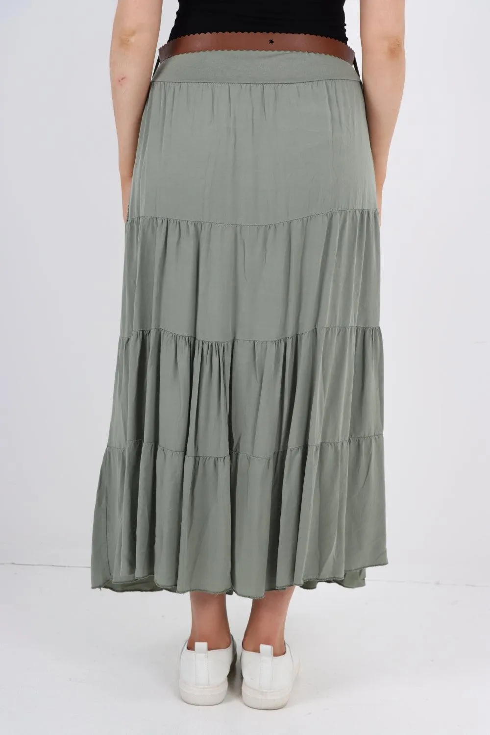 Midi Length Waist Belted Tiered Skirt
