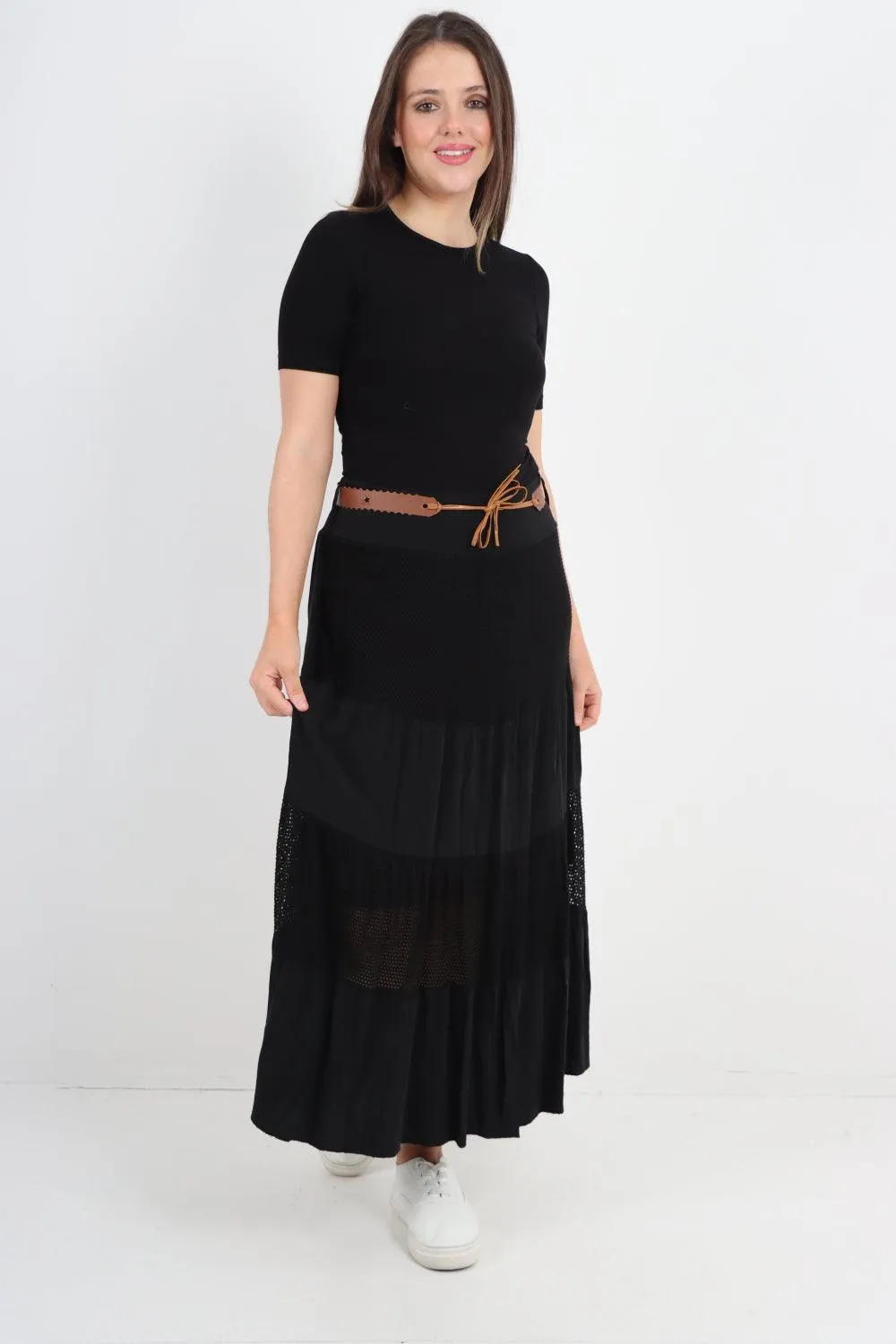 Midi Length Waist Belted Tiered Skirt