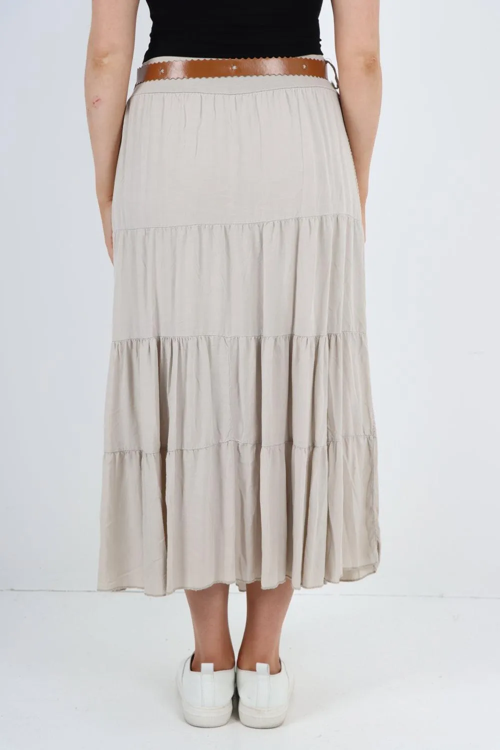 Midi Length Waist Belted Tiered Skirt