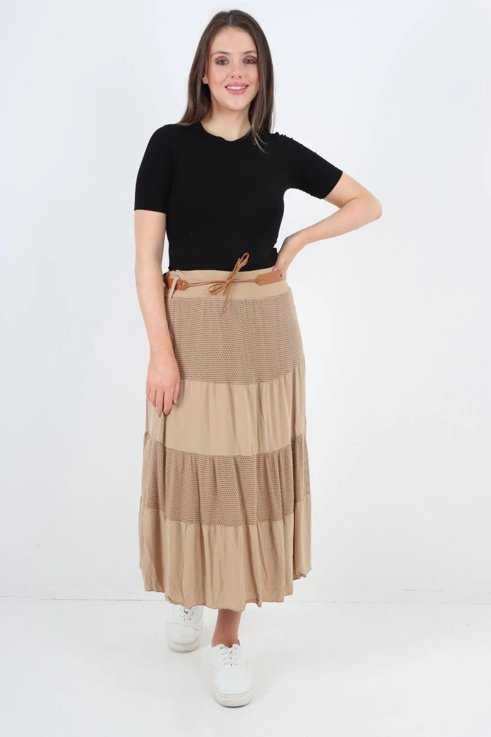 Midi Length Waist Belted Tiered Skirt