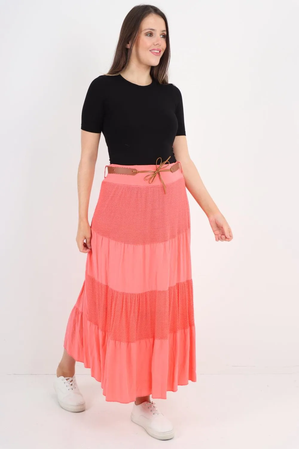 Midi Length Waist Belted Tiered Skirt