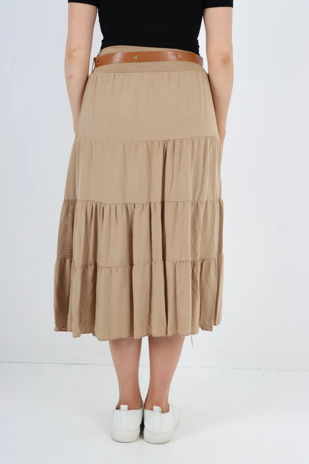 Midi Length Waist Belted Tiered Skirt
