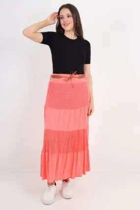 Midi Length Waist Belted Tiered Skirt