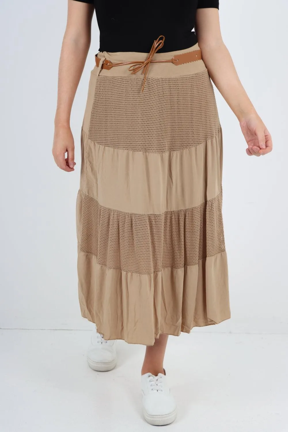 Midi Length Waist Belted Tiered Skirt