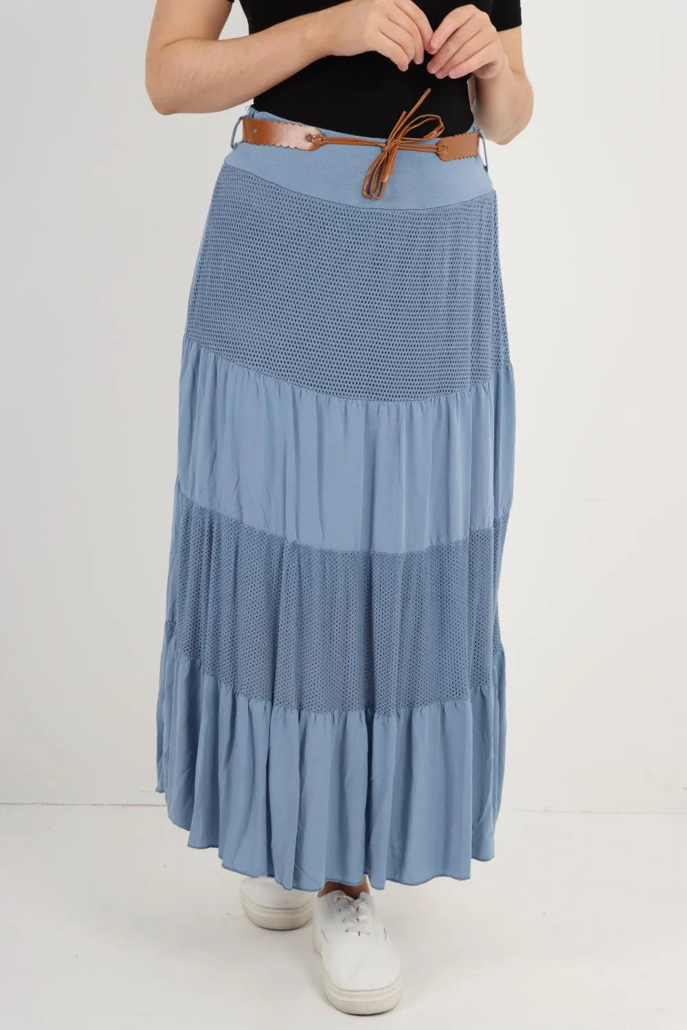 Midi Length Waist Belted Tiered Skirt