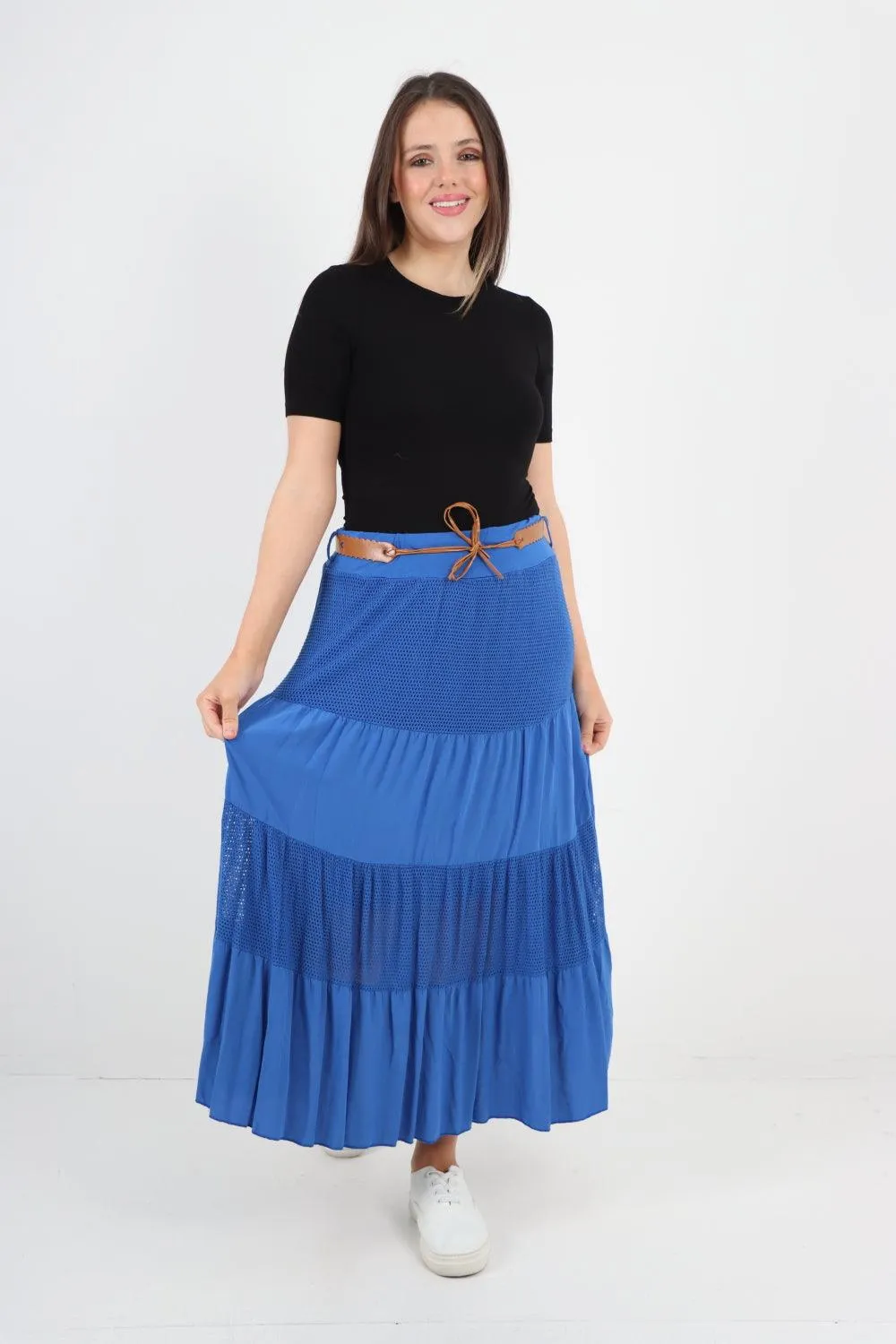Midi Length Waist Belted Tiered Skirt