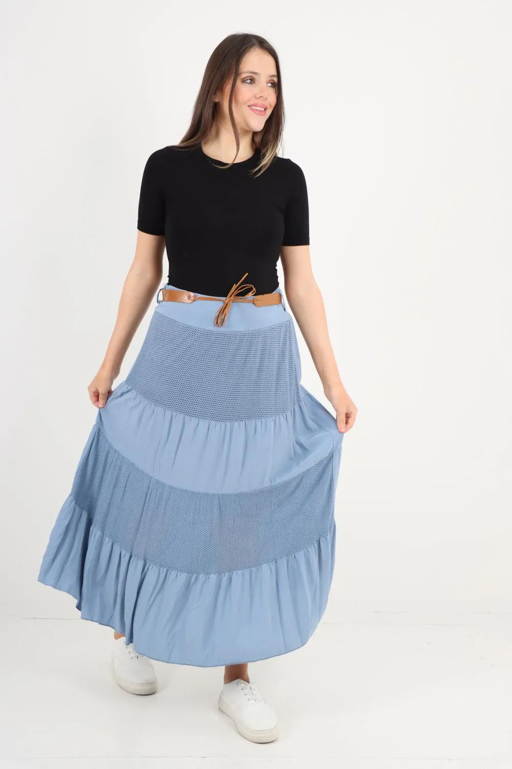 Midi Length Waist Belted Tiered Skirt