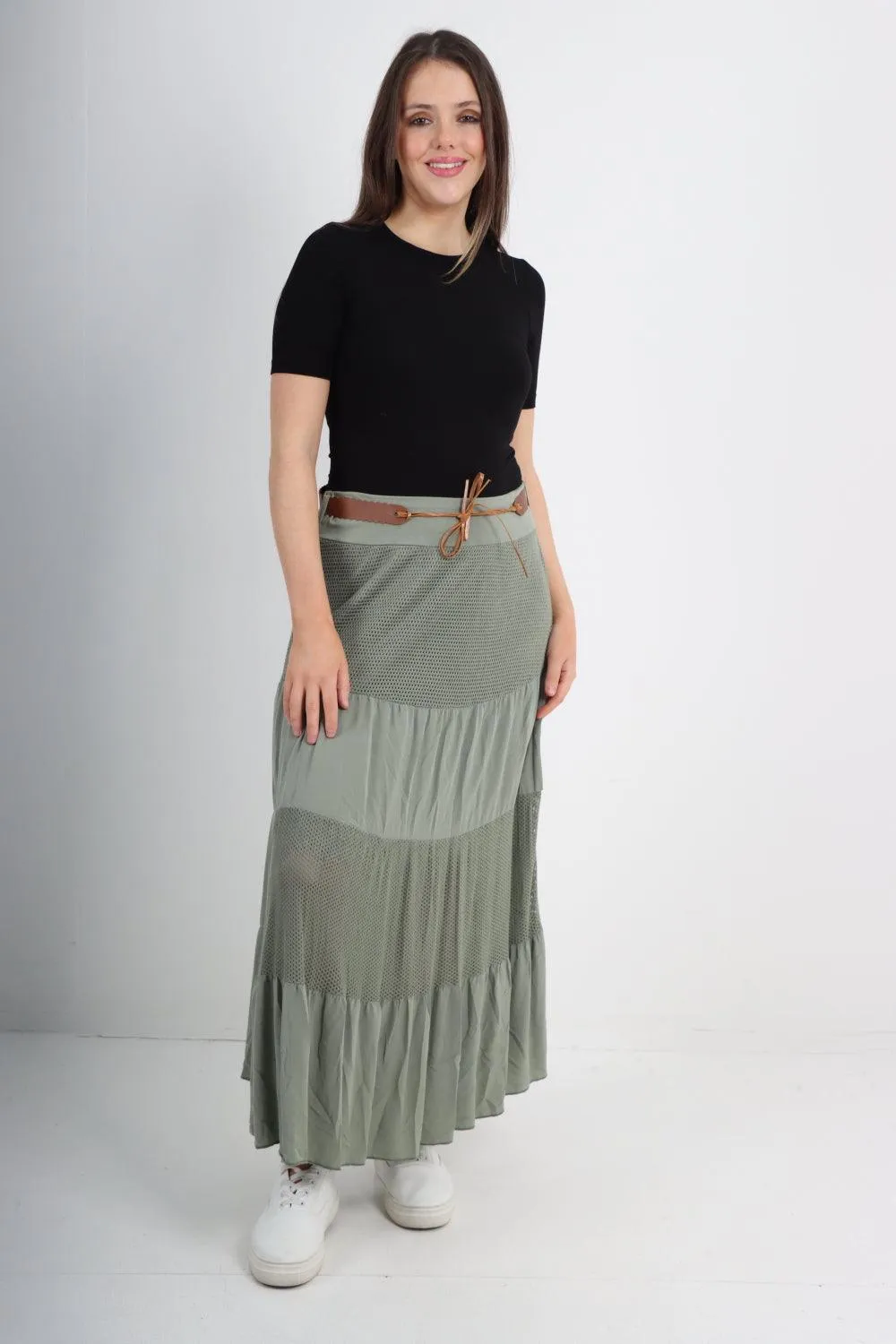 Midi Length Waist Belted Tiered Skirt