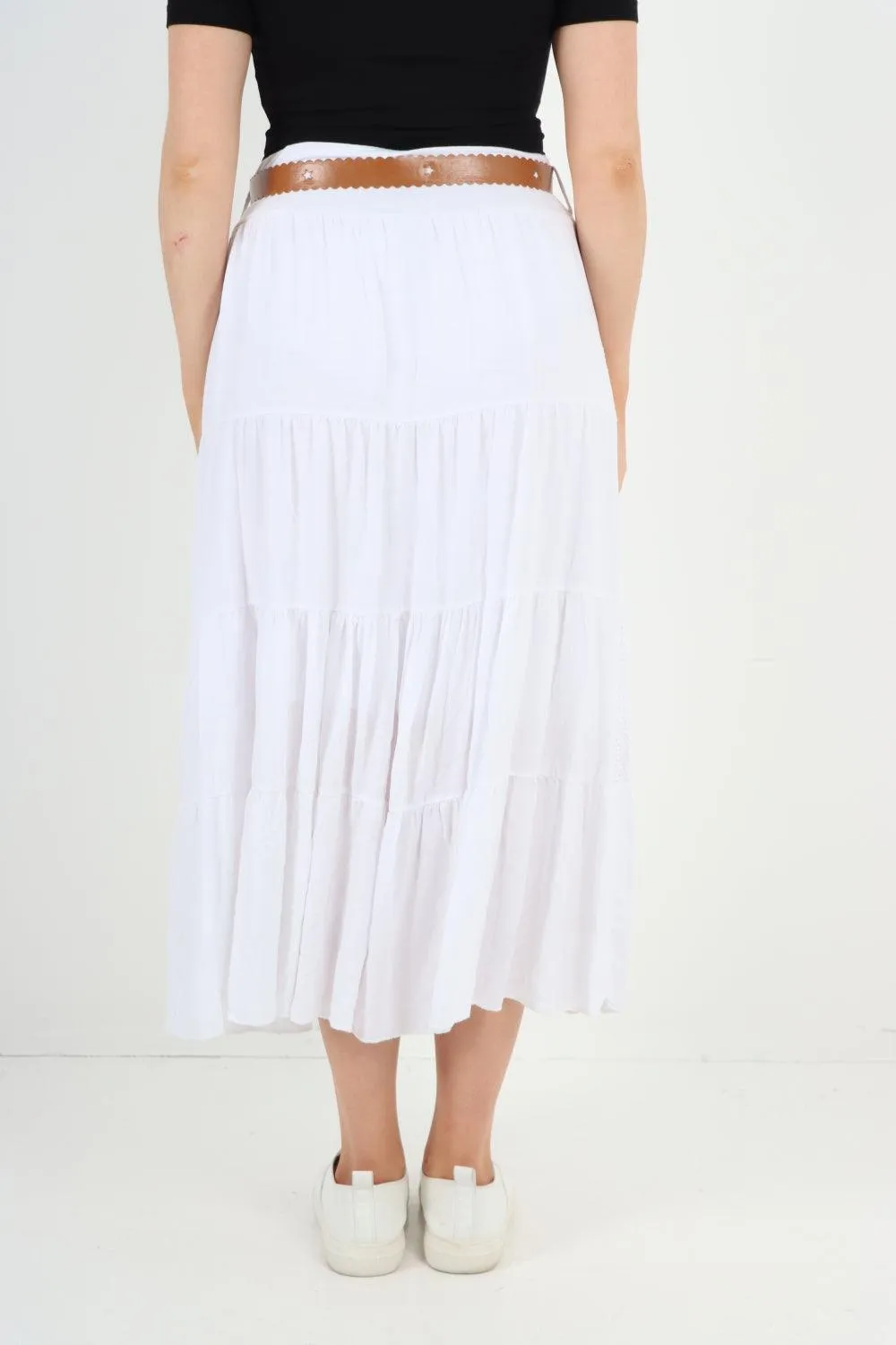 Midi Length Waist Belted Tiered Skirt