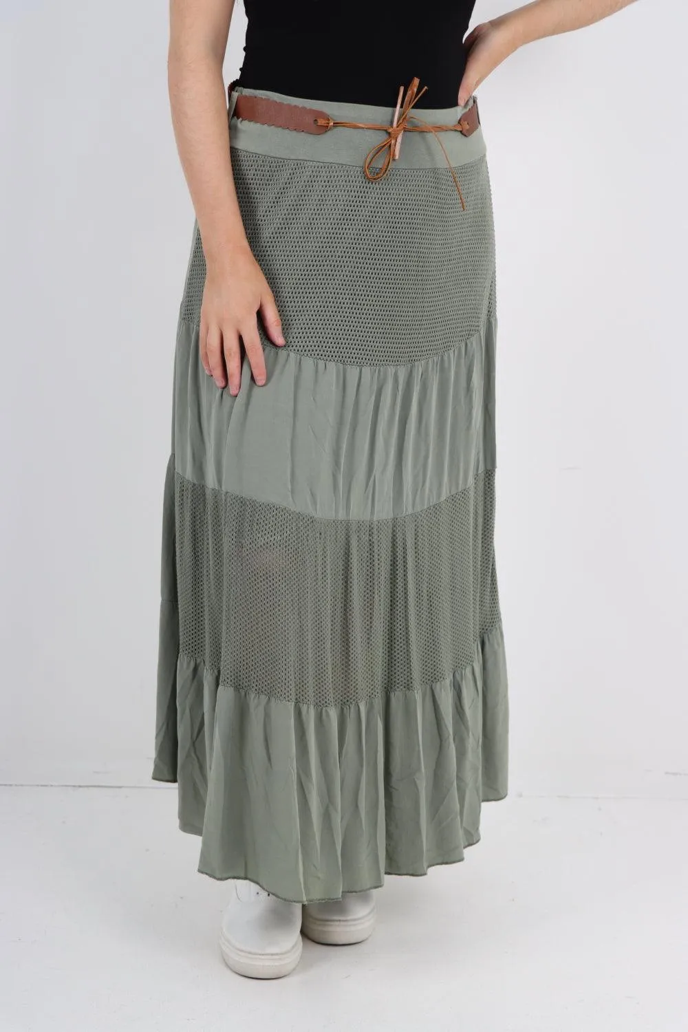 Midi Length Waist Belted Tiered Skirt