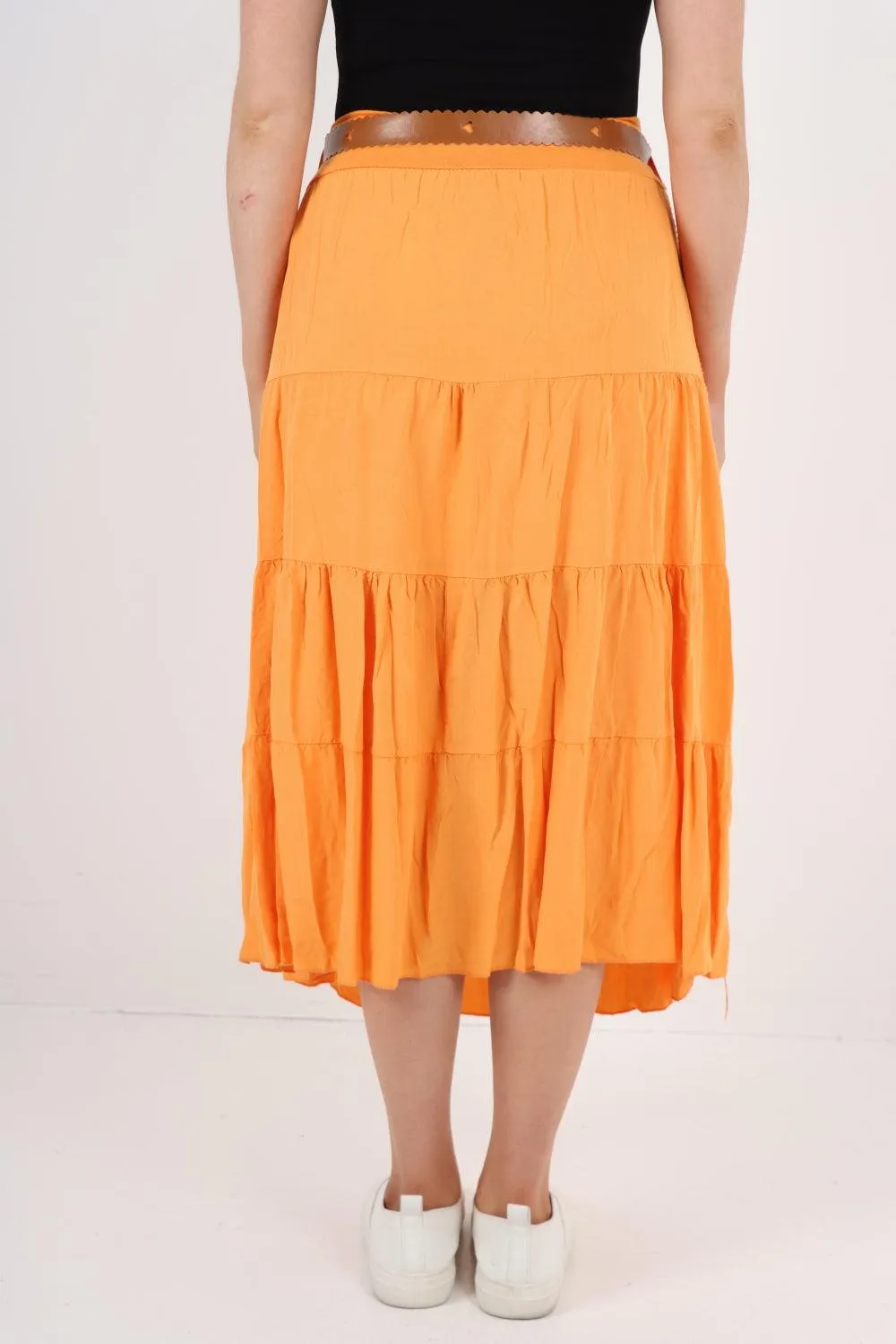 Midi Length Waist Belted Tiered Skirt